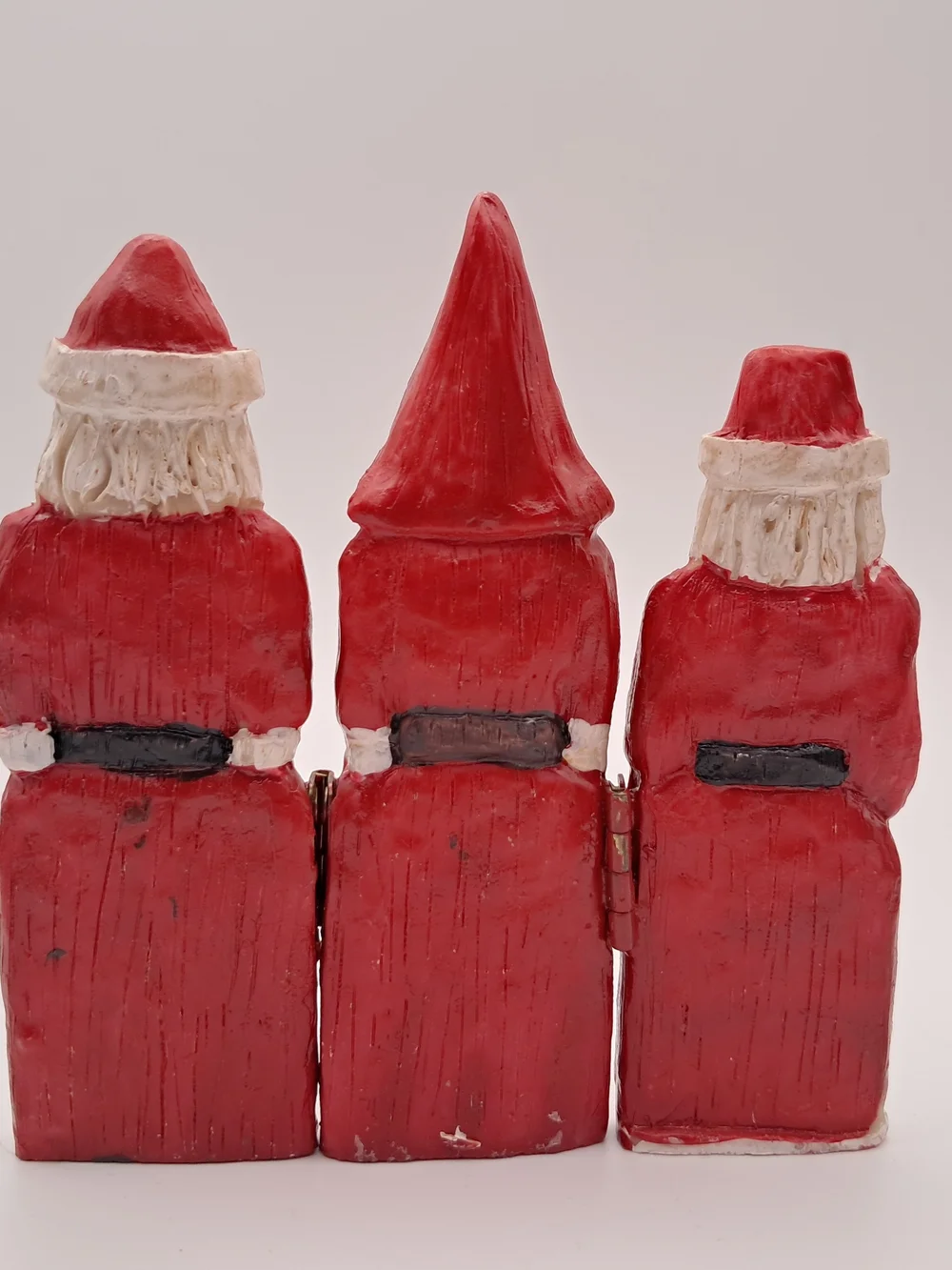 ​Vintage Hand Painted Santa Triptych Hinged Wooden Figurine Set Signed Becky 97